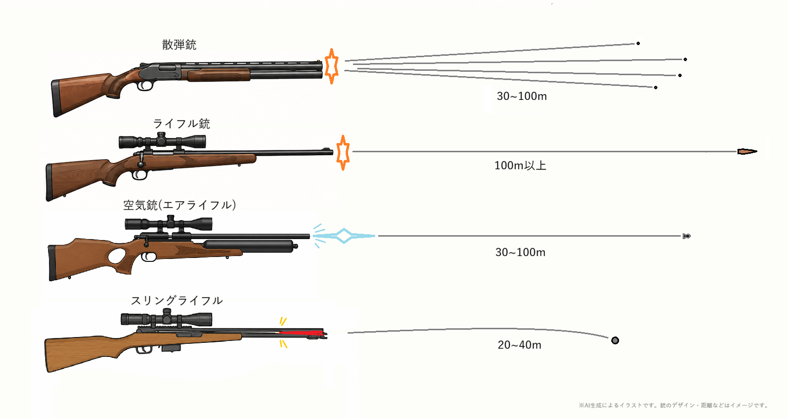 スリングライフルと各猟具(散弾銃・ライフル銃・空気銃)の比較